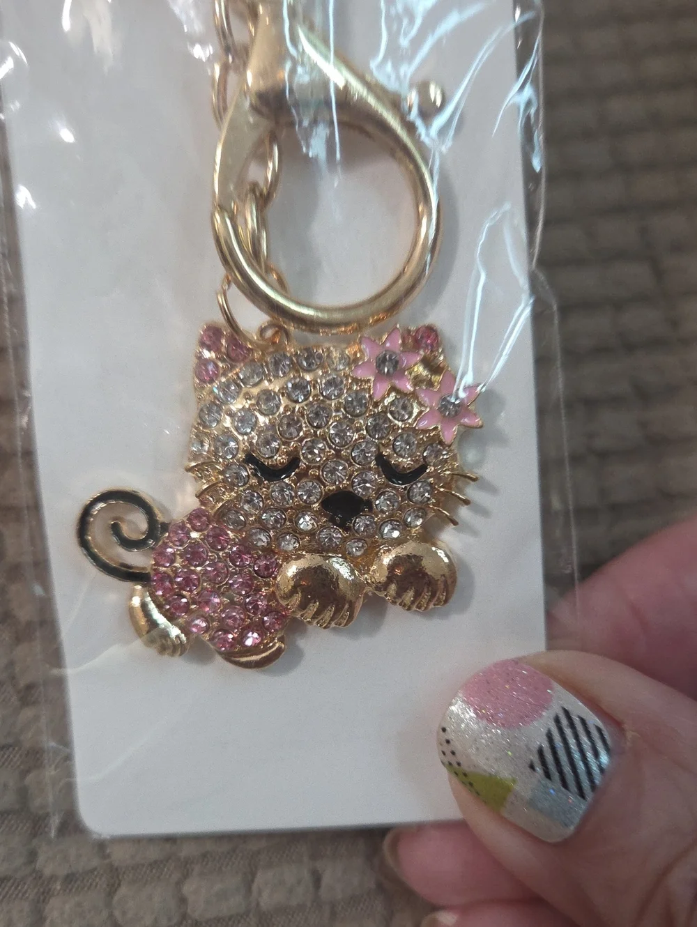 NWT Gold-Tone Pink Rhinestone Cat Keychain/Bag Charm